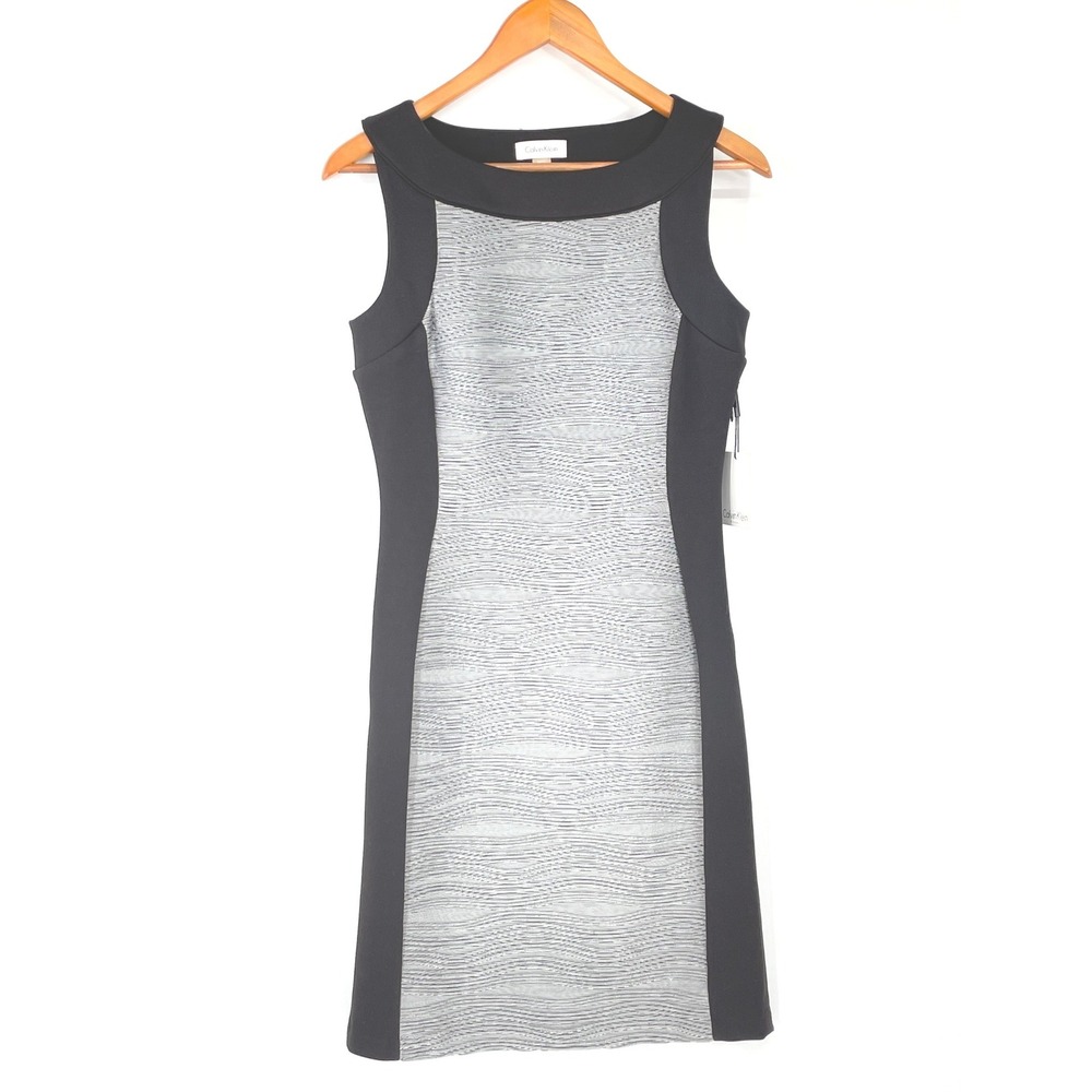 NWT Calvin Klein Women Dress 4 Sheath Black Grey Colorblock Textured $90